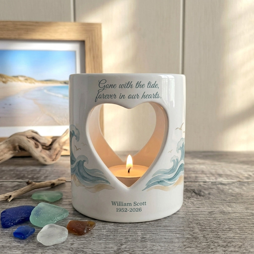 Personalized Memorial Candle Holder Ceramic Heart Tealight Coastal Sympathy Gift Loss of Loved One Beach Remembrance Keepsake