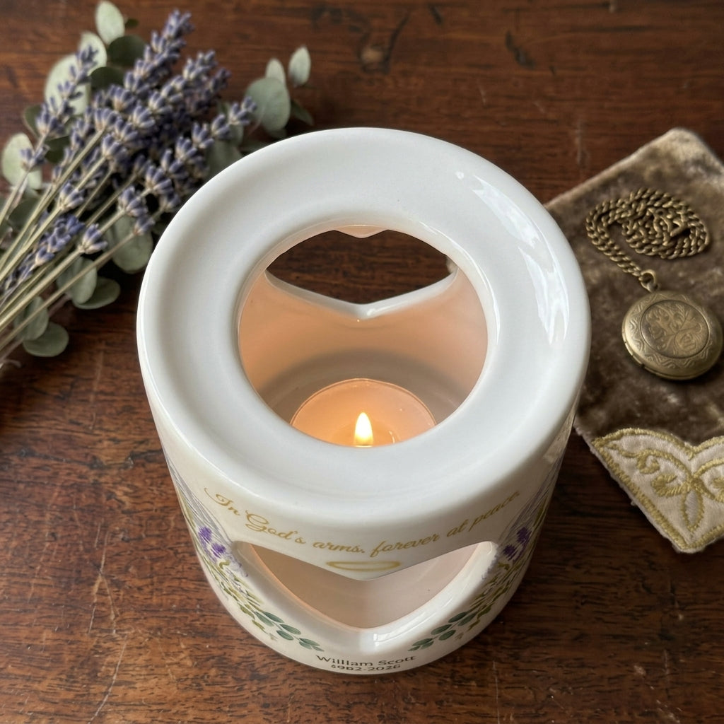 Personalized Memorial Candle Holder, In God's Arms Forever At Peace Ceramic Heart Tealight Sympathy Gift, Angel Wings Remembrance Keepsake