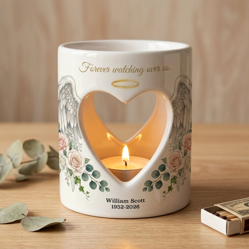 Personalized Memorial Candle Holder, Angel Wings Heart Sympathy Tealight Cup, Bereavement Remembrance Gift, In Loving Memory Keepsake