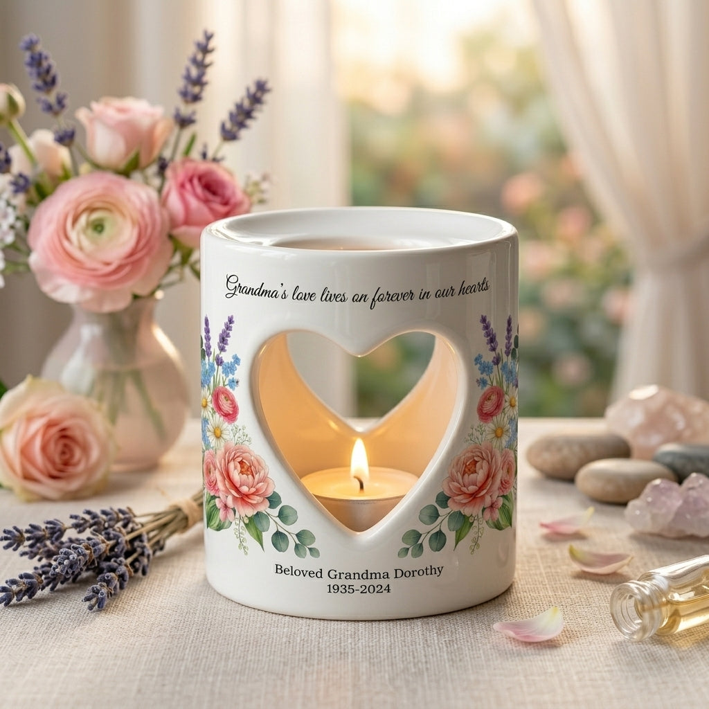 Personalized Grandma Memorial Candle Holder, Heart Cutout Ceramic Tealight Lantern, Sympathy Bereavement Loss Gift Keepsake