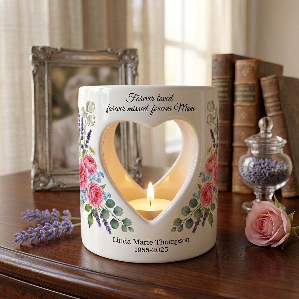 Personalized Mom Memorial Candle Holder, Forever Loved Forever Missed Forever Mom Ceramic Tealight Holder, Sympathy Gift, Custom Name & Date