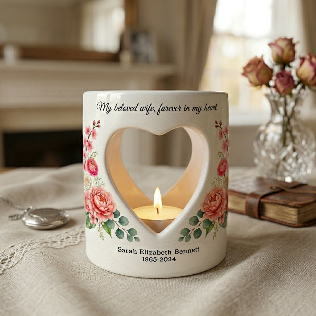 Personalized Wife Memorial Candle Holder, In Loving Memory Ceramic Tea Light Sympathy Gift, Floral Heart Remembrance Keepsake