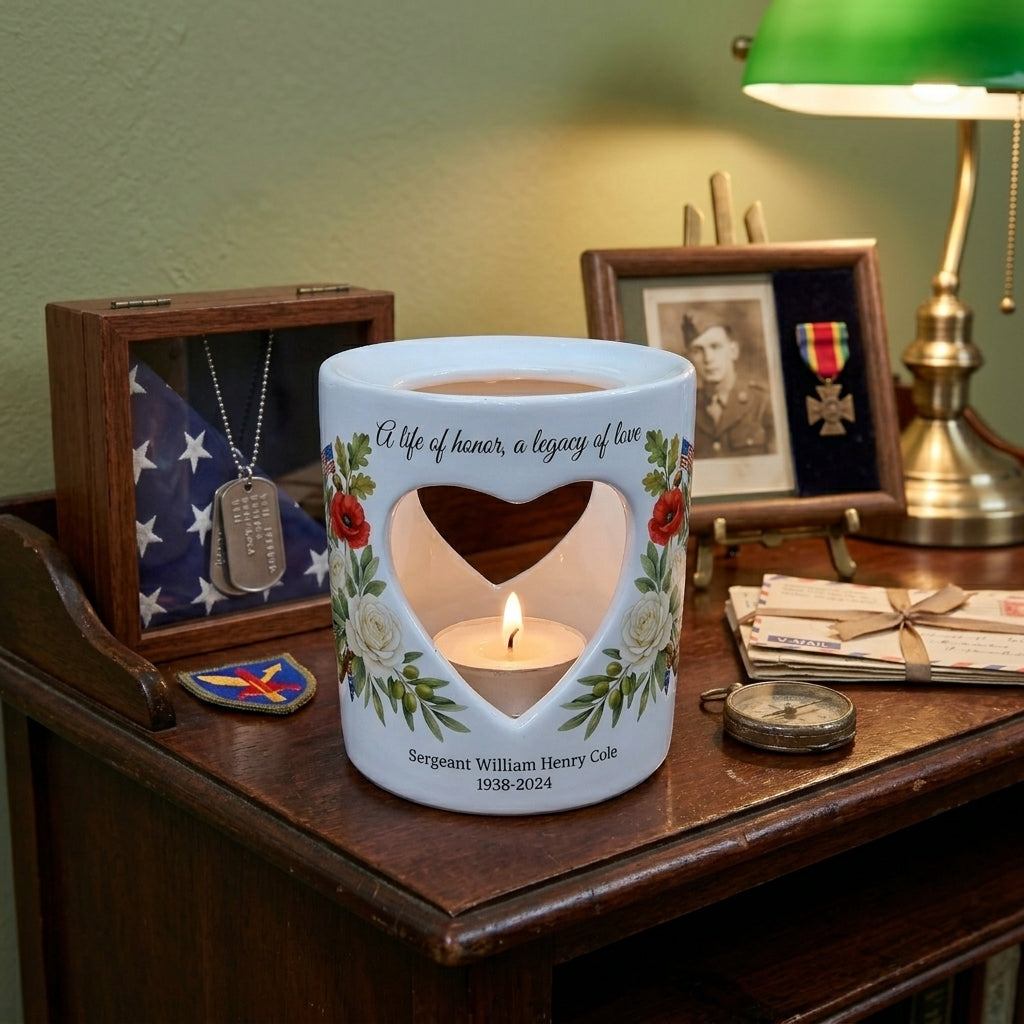 Personalized Veteran Memorial Candle Holder, Military Sympathy Gift, Heart Cutout Tealight Holder, Custom Name & Dates Remembrance Keepsake