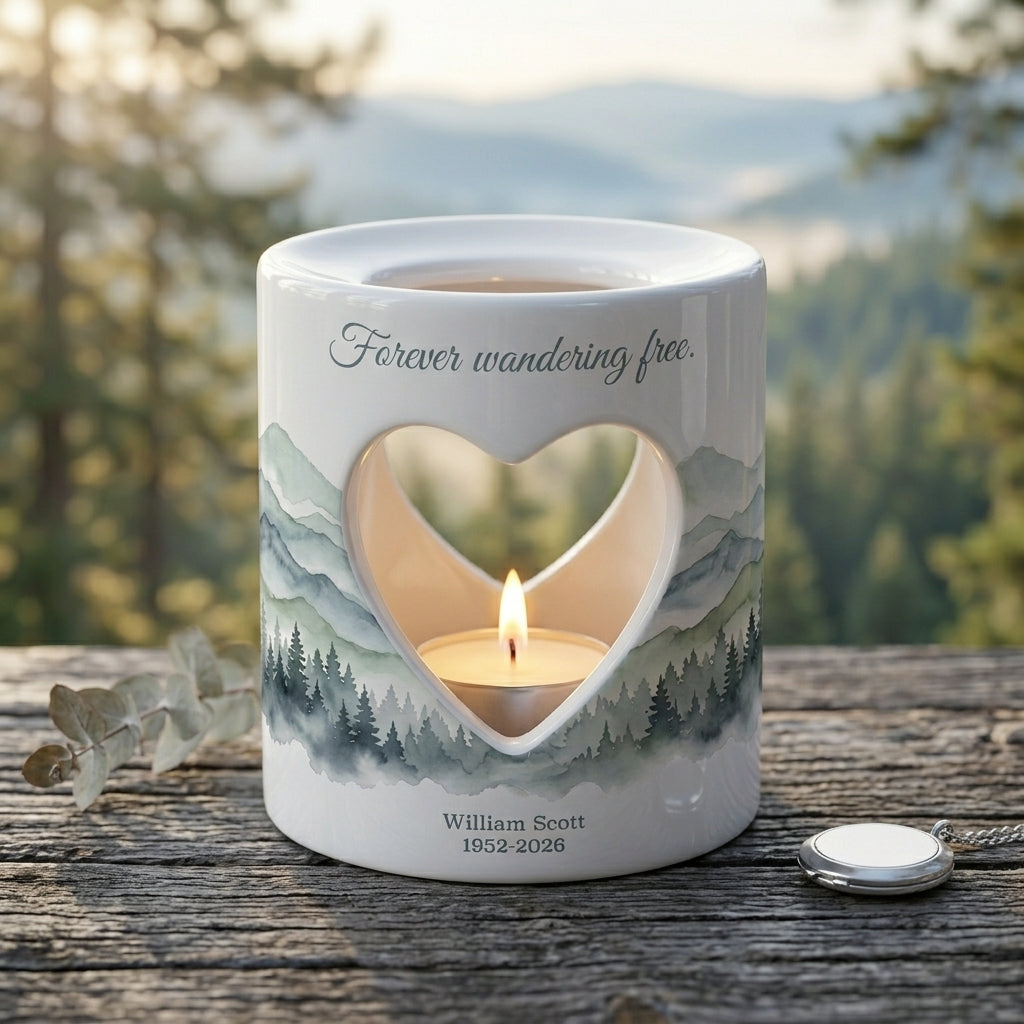 Personalized Memorial Candle Holder, Forever Wandering Free Sympathy Gift, Mountain Tealight Keepsake, Bereavement Loss of Loved One