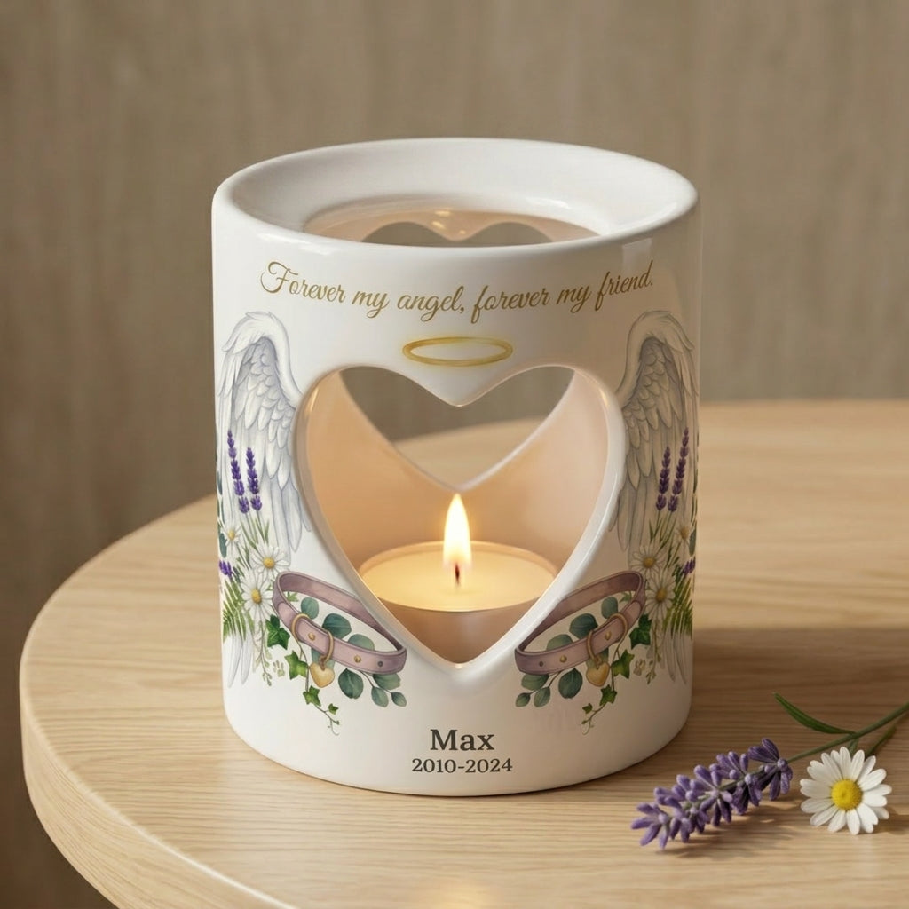 Personalized Pet Memorial Candle Holder, Dog Memorial Gift, Angel Wings Heart Tealight Holder, Custom Pet Loss Sympathy Keepsake