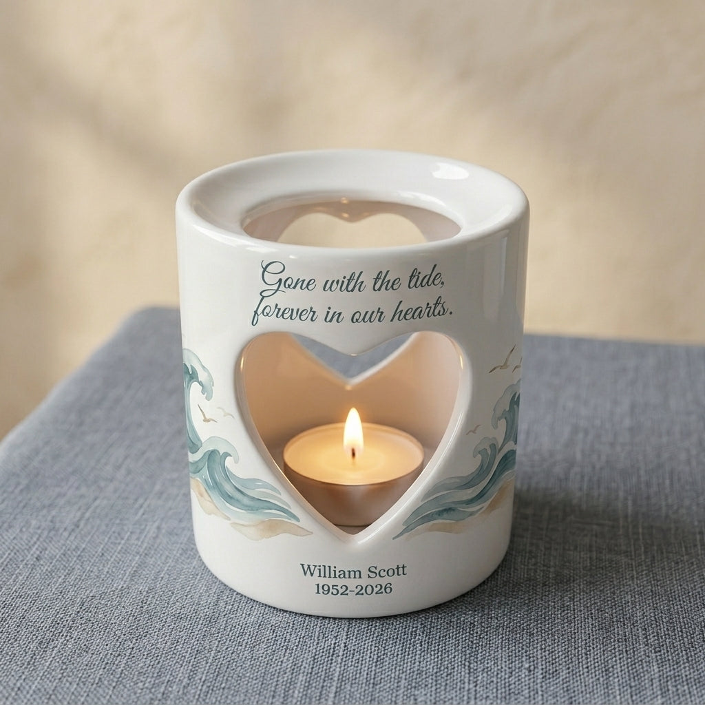 Personalized Memorial Candle Holder Ceramic Heart Tealight Coastal Sympathy Gift Loss of Loved One Beach Remembrance Keepsake