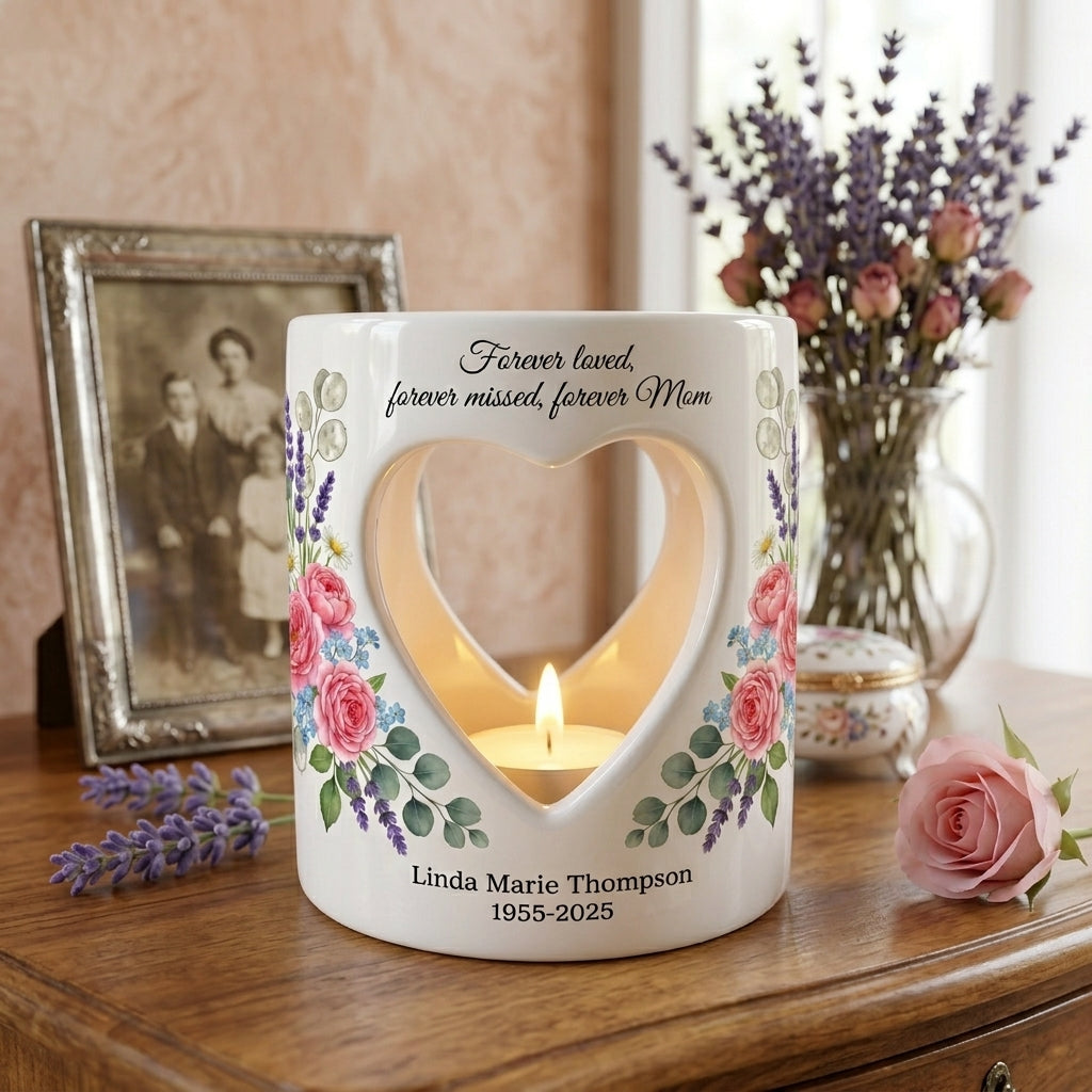 Personalized Mom Memorial Candle Holder, Forever Loved Forever Missed Forever Mom Ceramic Tealight Holder, Sympathy Gift, Custom Name & Date