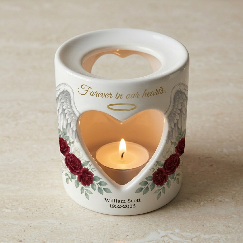 Personalized Memorial Candle Holder, Angel Wings Heart Sympathy Gift, Custom Name Date Remembrance Tealight, In Loving Memory