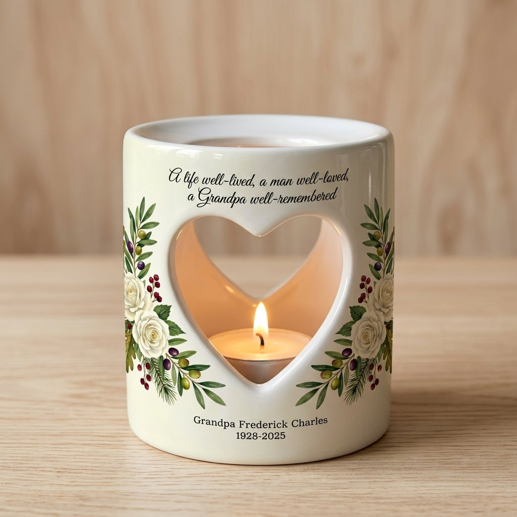 Personalized Grandpa Memorial Candle Holder, Heart Cutout Ceramic Tealight Votive, Sympathy Loss of Grandfather Remembrance Gift