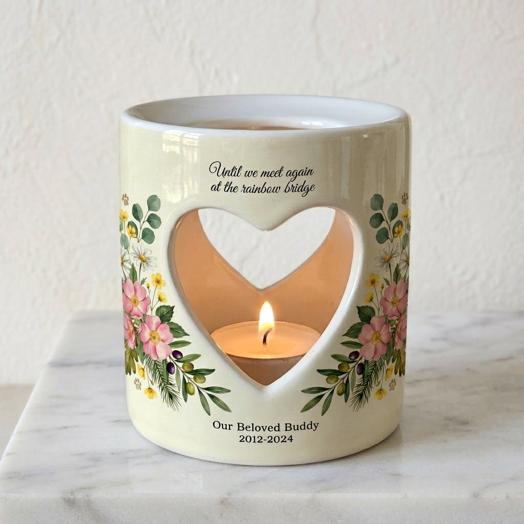 Personalized Pet Memorial Candle Holder, Rainbow Bridge Ceramic Heart Tealight Holder, Dog Cat Loss Sympathy Gift, Pet Remembrance Keepsake