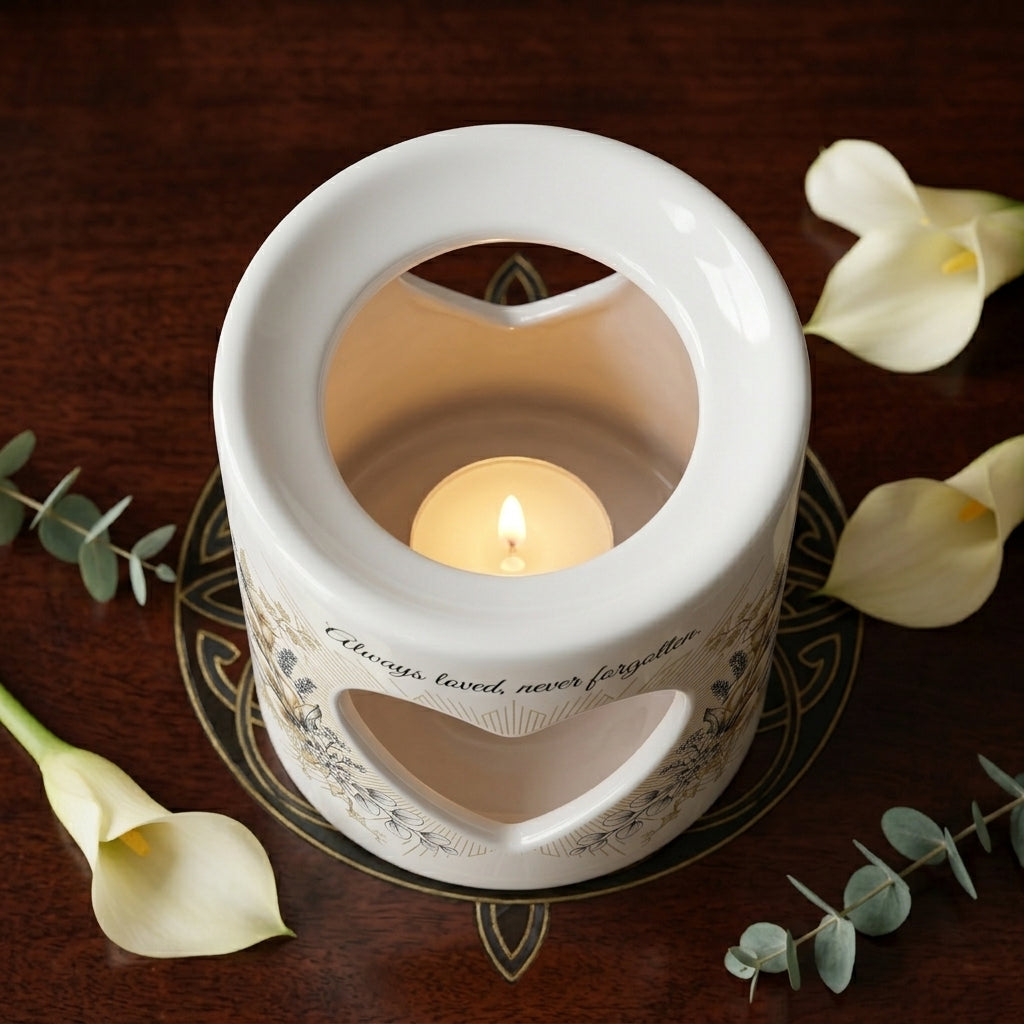 Personalized Memorial Candle Holder, Always Loved Never Forgotten Heart Cutout Ceramic Sympathy Gift, Remembrance Tealight Lantern