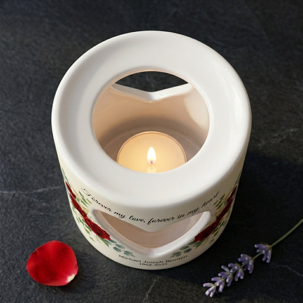 Personalized Memorial Candle Holder, Forever My Love Sympathy Gift, Custom Name Date Heart Ceramic Tealight Remembrance