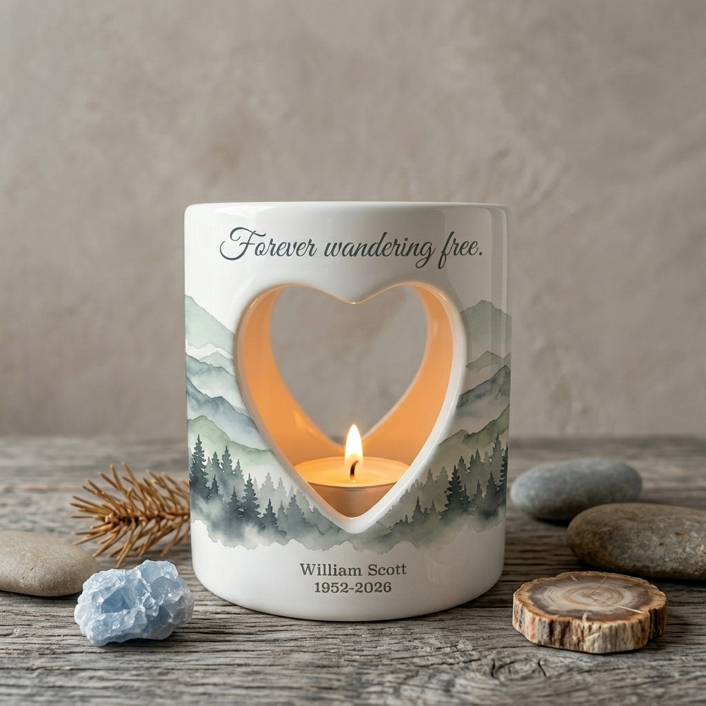 Personalized Memorial Candle Holder, Forever Wandering Free Sympathy Gift, Mountain Tealight Keepsake, Bereavement Loss of Loved One