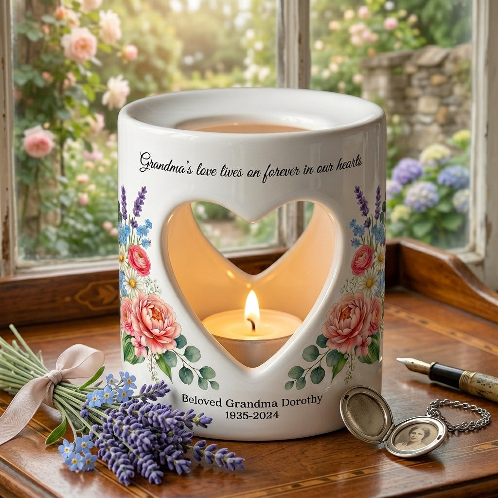 Personalized Grandma Memorial Candle Holder, Heart Cutout Ceramic Tealight Lantern, Sympathy Bereavement Loss Gift Keepsake