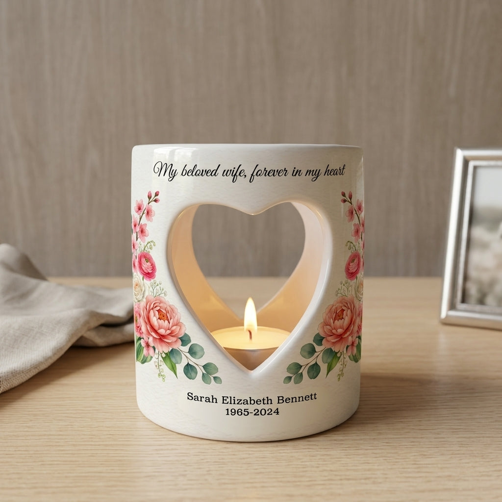 Personalized Memorial Candle Holder Ceramic, In Loving Memory Sympathy Gift, Heart Cutout Floral Tealight Remembrance Keepsake