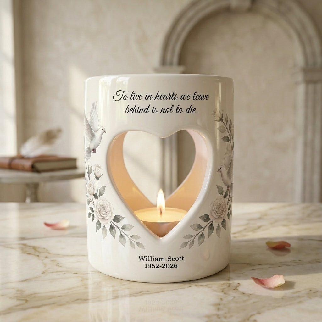 Personalized Memorial Candle Holder, Heart Cutout Ceramic Tealight Sympathy Gift, Dove Rose Remembrance Keepsake In Loving Memory