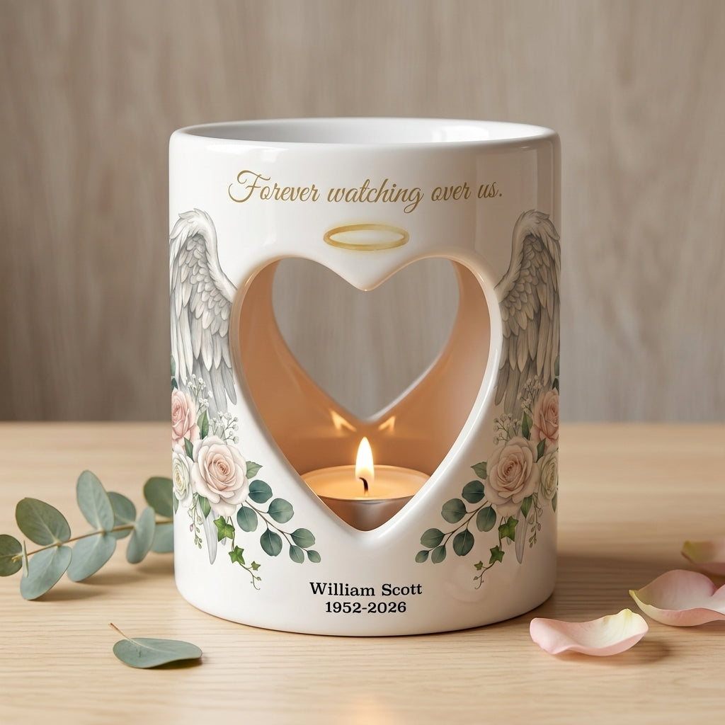 Personalized Memorial Candle Holder, Angel Wings Heart Sympathy Tealight Cup, Bereavement Remembrance Gift, In Loving Memory Keepsake