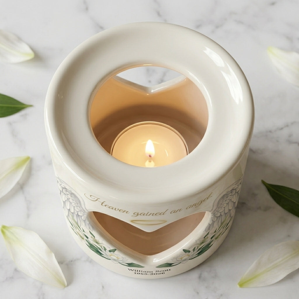 Personalized Memorial Candle Holder, Heaven Gained An Angel Ceramic Tealight Sympathy Gift, In Loving Memory Bereavement Keepsake