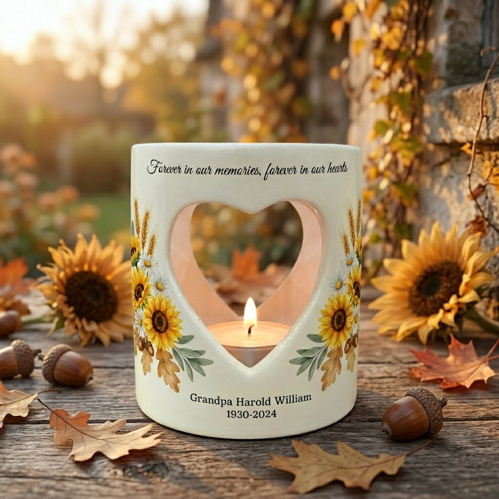 Personalized Sunflower Memorial Candle Holder, Heart Cutout Ceramic Sympathy Gift, In Loving Memory Remembrance Tealight Cup