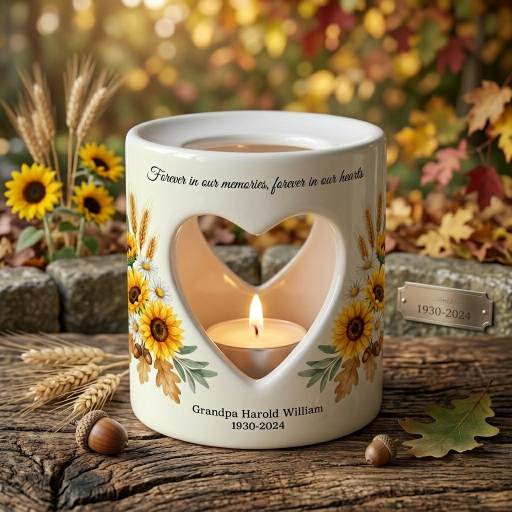 Personalized Sunflower Memorial Candle Holder, Heart Cutout Ceramic Sympathy Gift, In Loving Memory Remembrance Tealight Cup