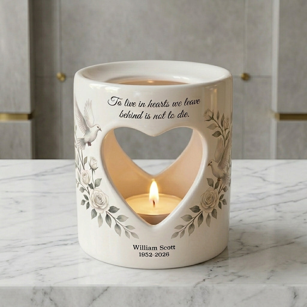 Personalized Memorial Candle Holder, Heart Cutout Ceramic Tealight Sympathy Gift, Dove Rose Remembrance Keepsake In Loving Memory
