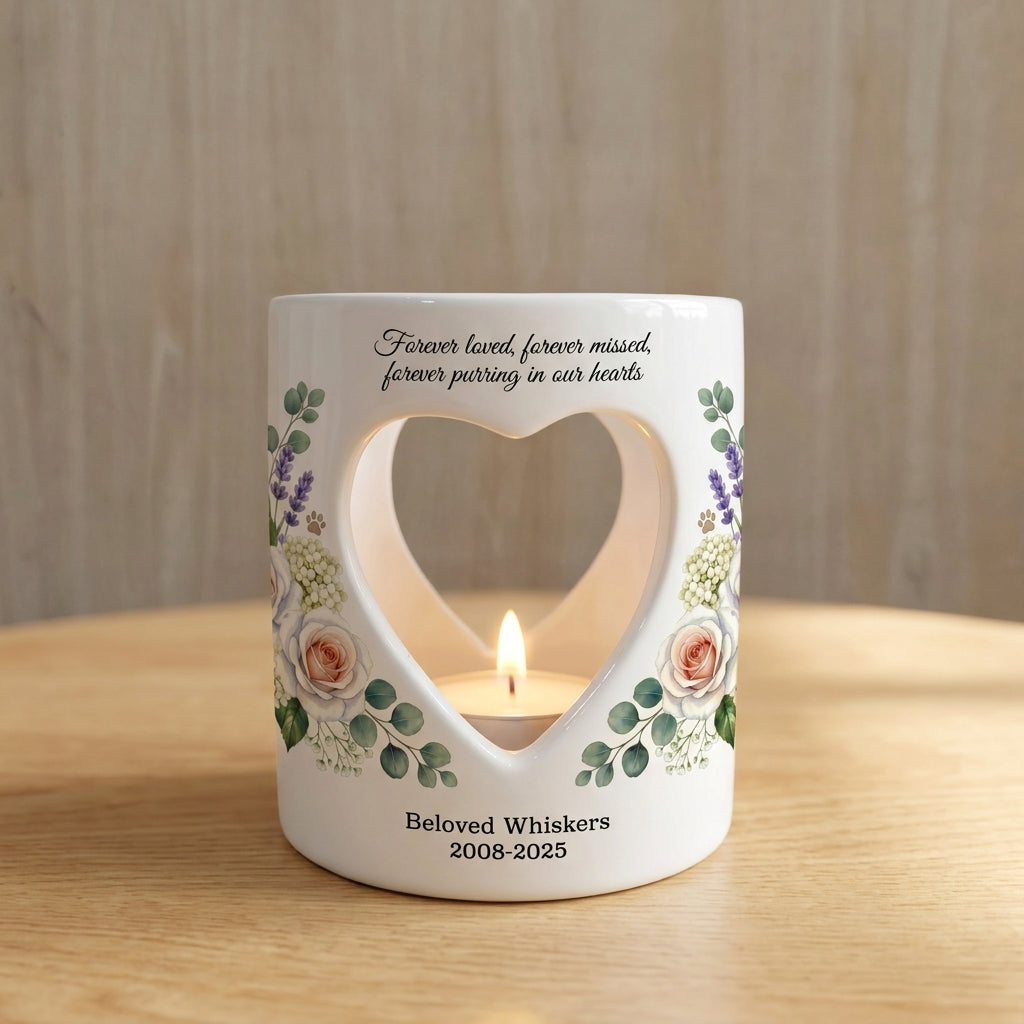 Personalized Cat Memorial Candle Holder, Pet Loss Sympathy Gift, Custom Ceramic Tealight Holder, Cat Remembrance Keepsake, Rainbow Bridge