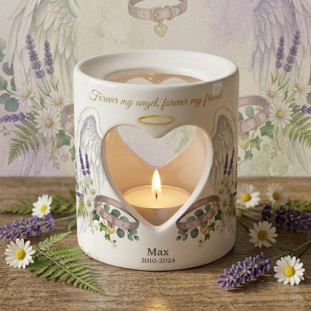 Personalized Pet Memorial Candle Holder, Dog Memorial Gift, Angel Wings Heart Tealight Holder, Custom Pet Loss Sympathy Keepsake