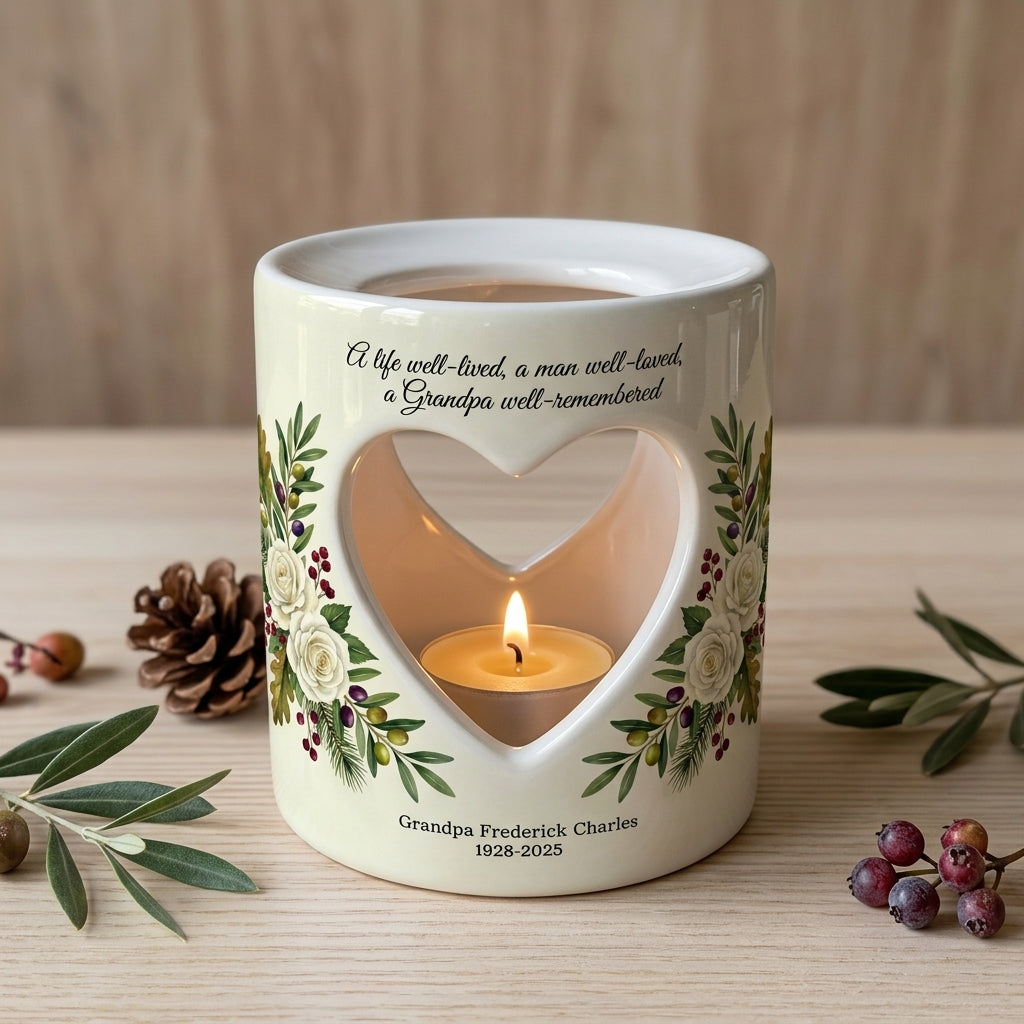 Personalized Grandpa Memorial Candle Holder, Heart Cutout Ceramic Tealight Votive, Sympathy Loss of Grandfather Remembrance Gift