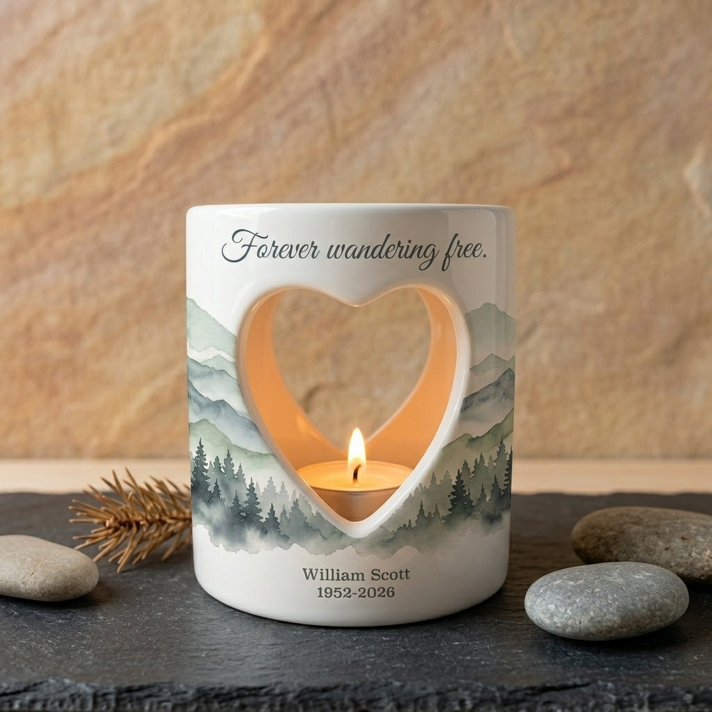 Personalized Memorial Candle Holder, Forever Wandering Free Sympathy Gift, Mountain Tealight Keepsake, Bereavement Loss of Loved One