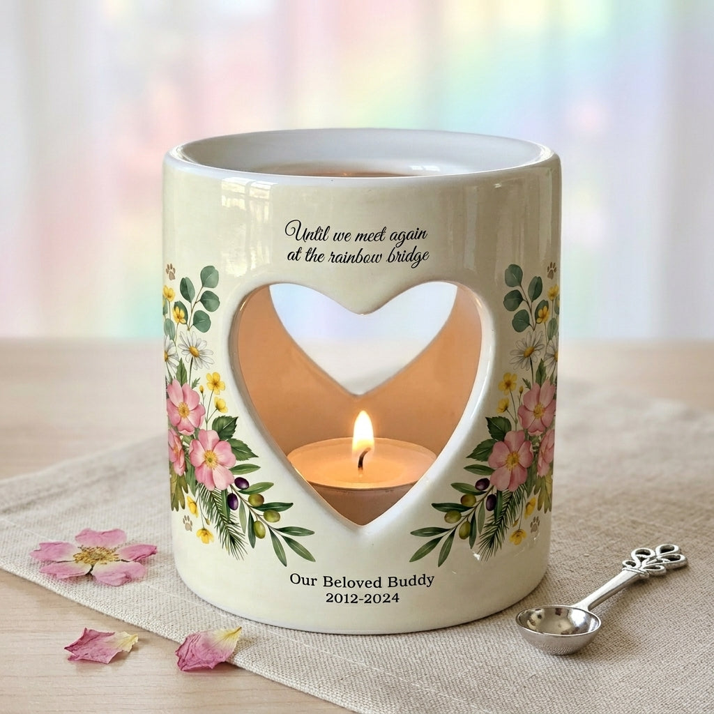 Personalized Pet Memorial Candle Holder, Rainbow Bridge Ceramic Heart Tealight Holder, Dog Cat Loss Sympathy Gift, Pet Remembrance Keepsake