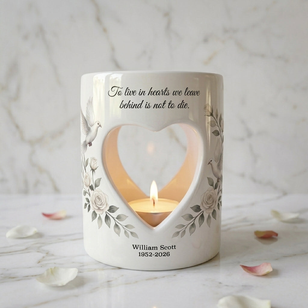 Personalized Memorial Candle Holder, Heart Cutout Ceramic Tealight Sympathy Gift, Dove Rose Remembrance Keepsake In Loving Memory