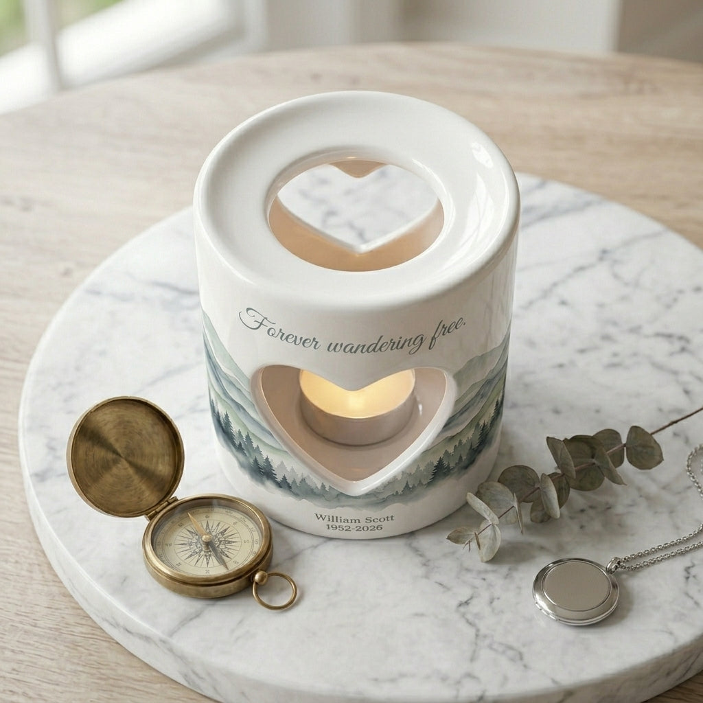Personalized Memorial Candle Holder, Forever Wandering Free Sympathy Gift, Mountain Tealight Keepsake, Bereavement Loss of Loved One