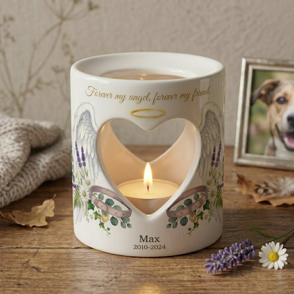 Personalized Pet Memorial Candle Holder, Dog Memorial Gift, Angel Wings Heart Tealight Holder, Custom Pet Loss Sympathy Keepsake