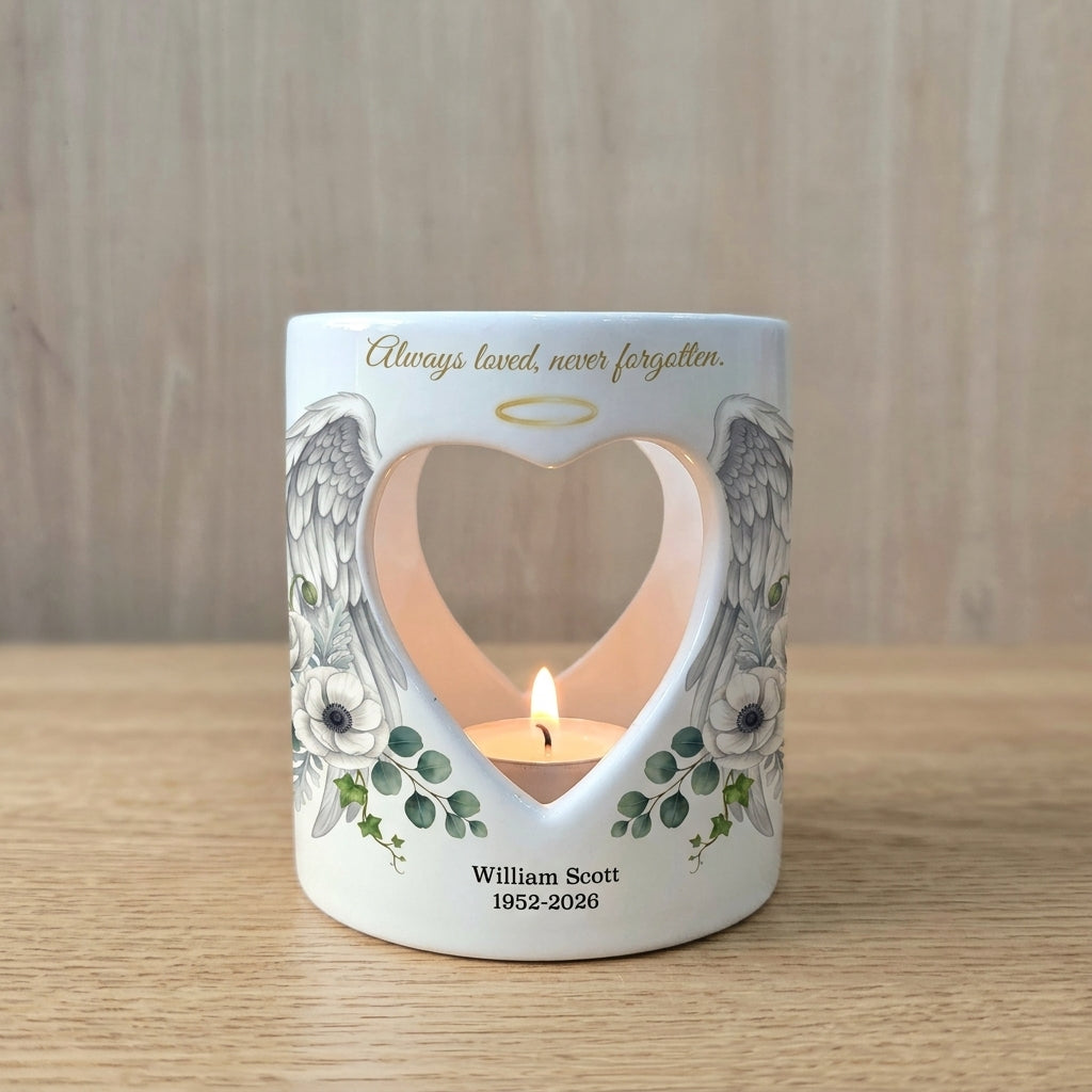 Personalized Memorial Candle Holder, Angel Wings Sympathy Tealight Holder, Custom Remembrance Gift, Always Loved Never Forgotten Keepsake