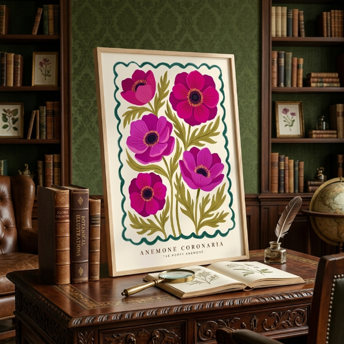 Anemone Coronaria Wall Art, Pink Poppy Anemone Botanical Print, Floral Wall Decor, Vintage Flower Market Poster, Maximalist Living Room Art