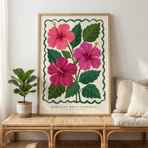 Hibiscus Rosa Sinensis Wall Art, Pink Tropical Flower Print, Botanical Poster, Boho Floral Wall Decor, Framed Hibiscus Painting Gift