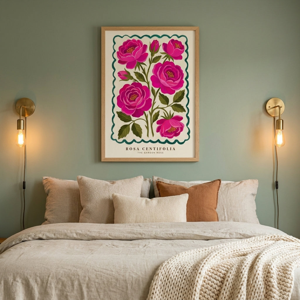 Rosa Centifolia Pink Rose Wall Art, Garden Rose Botanical Poster, Maximalist Floral Print, Bedroom Living Room Decor