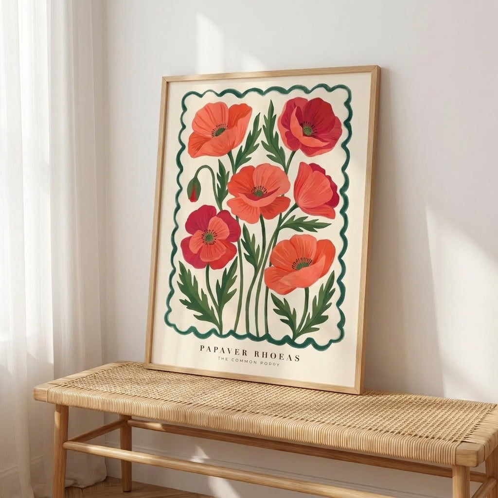Papaver Rhoeas Common Poppy Wall Art Print, Red Floral Botanical Poster, Vintage Flower Market Print, Boho Cottagecore Home Decor