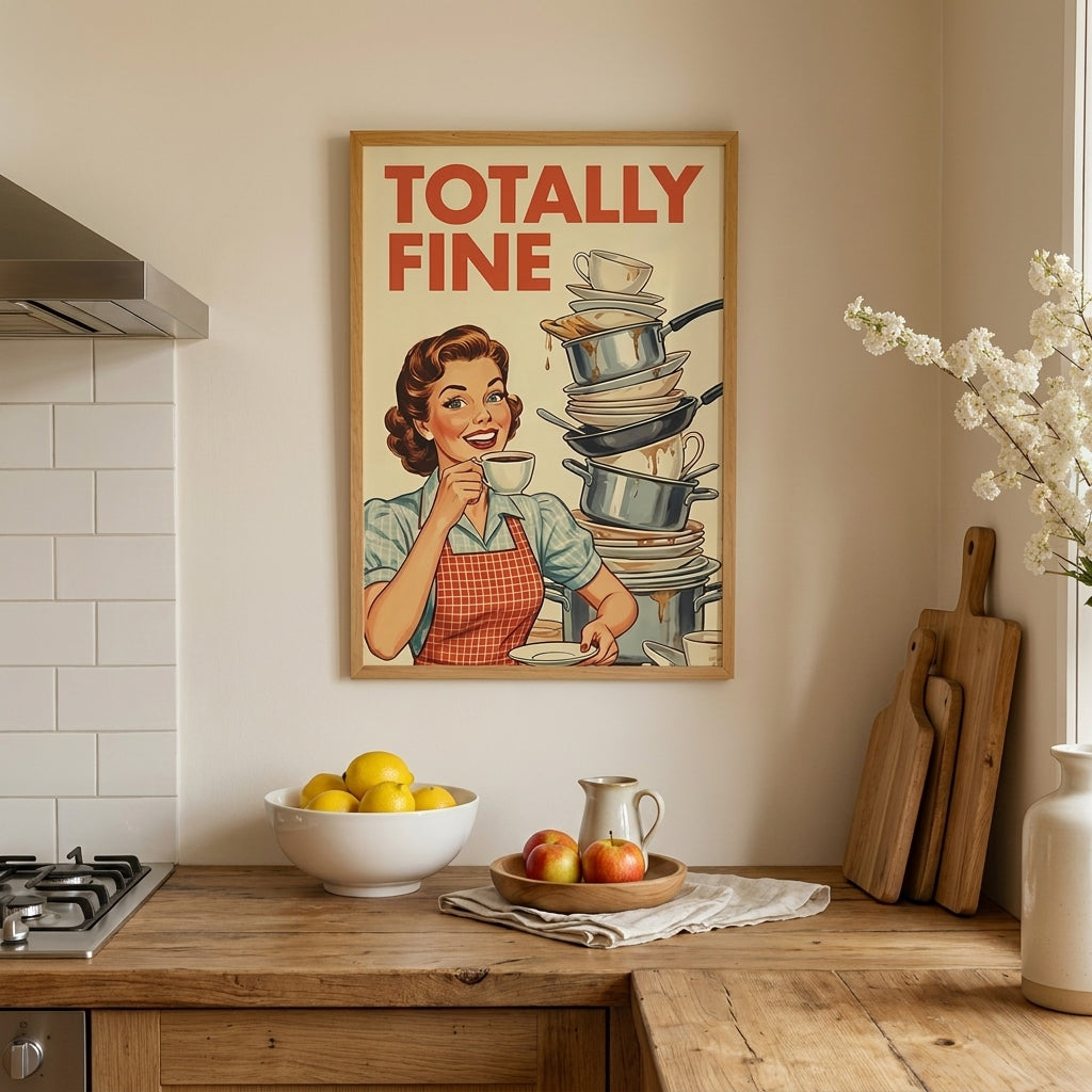 Totally Fine Retro Kitchen Wall Art, Funny Vintage Housewife Poster, Mid Century Coffee Lover Print, Sarcastic Kitchen Decor