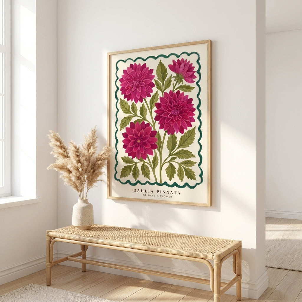 Dahlia Pinnata Flower Wall Art Print, Pink Magenta Botanical Poster, Vintage Floral Decor, Maximalist Cottagecore Living Room Art