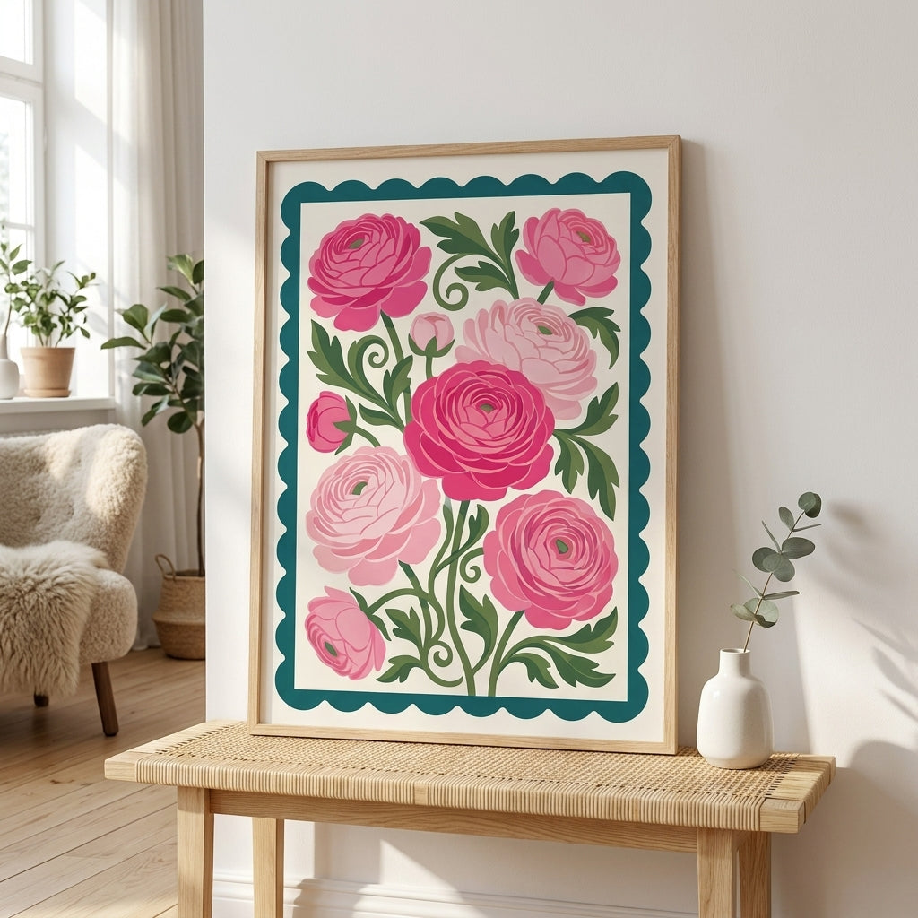 Pink Ranunculus Asiaticus Wall Art Print, Botanical Floral Poster, Teal Scalloped Border, Maximalist Cottage Decor, Framed Flower Print