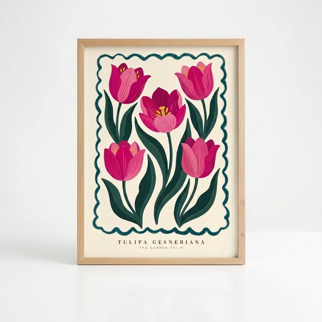 Pink Tulip Wall Art, Tulipa Gesneriana Botanical Print, Framed Floral Poster, Maximalist Cottagecore Decor, Garden Flower Painting Gift