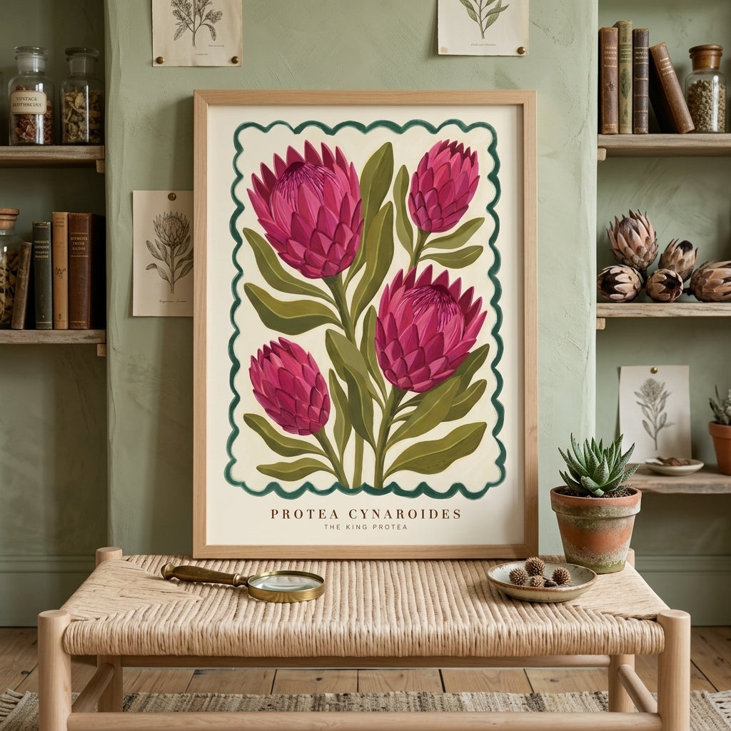 Protea Cynaroides King Protea Wall Art Print, Pink Botanical Poster, Vintage Floral Painting, Boho Cottagecore Living Room Decor
