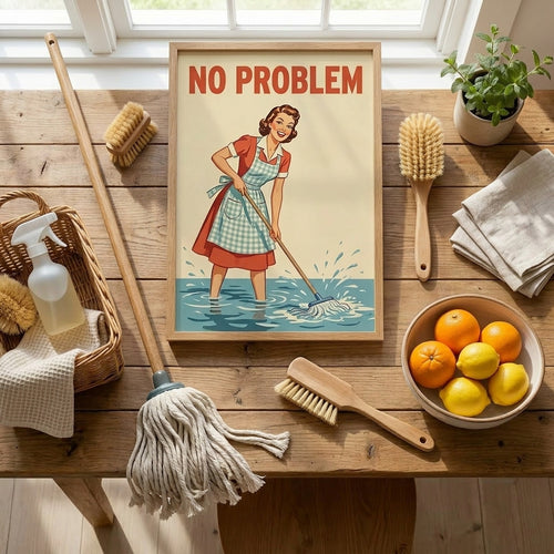 No Problem Vintage Housewife Wall Art, Retro Kitchen Poster, Mid Century Mop Print, Funny Laundry Room Decor, Ironic Homemaker Print
