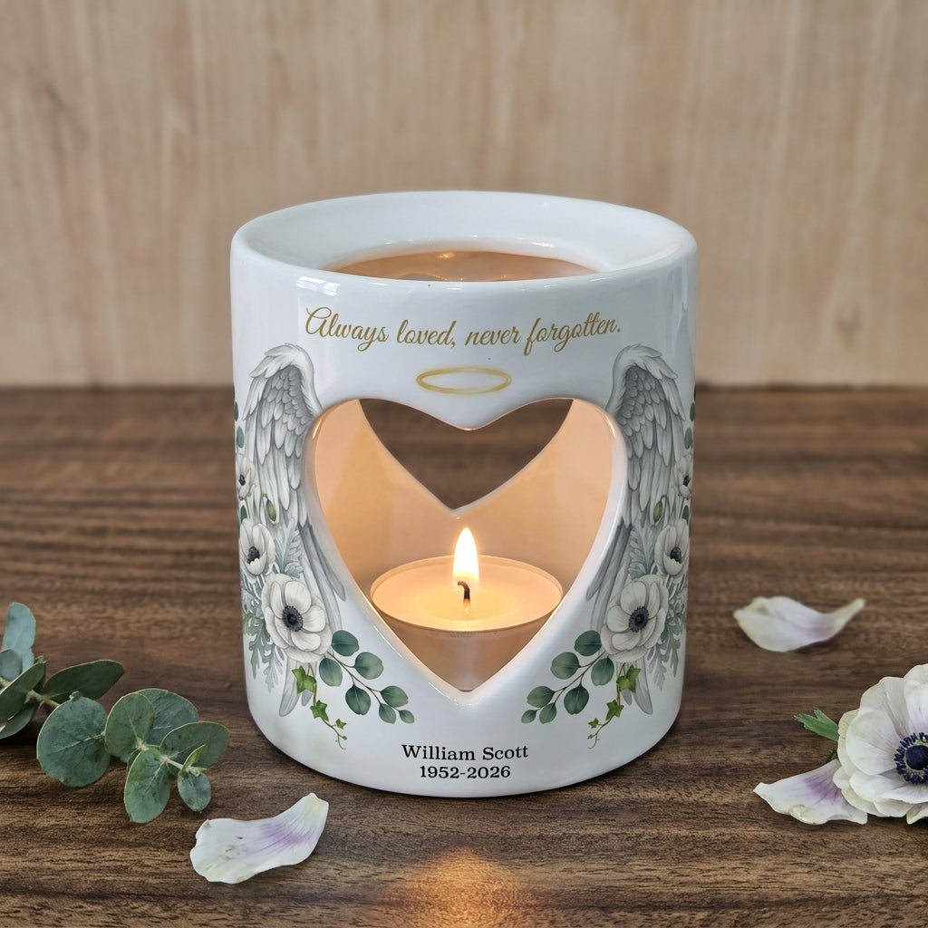 Personalized Memorial Candle Holder, Angel Wings Sympathy Tealight Holder, Custom Remembrance Gift, Always Loved Never Forgotten Keepsake