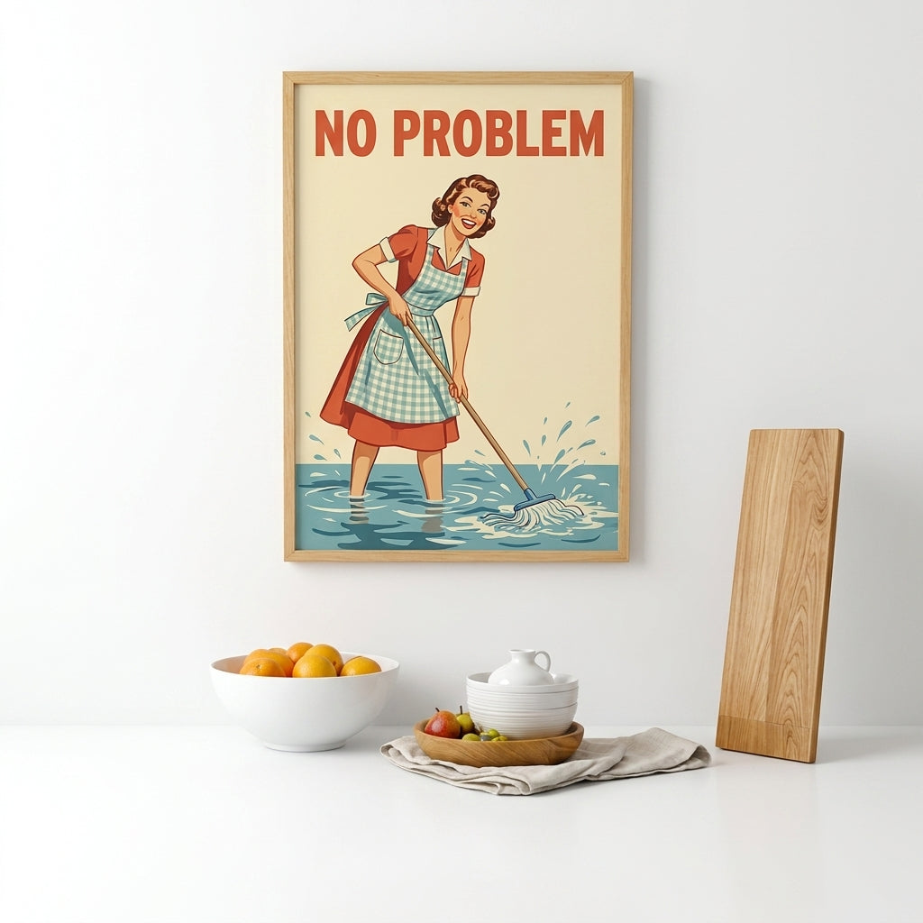No Problem Vintage Housewife Wall Art, Retro Kitchen Poster, Mid Century Mop Print, Funny Laundry Room Decor, Ironic Homemaker Print