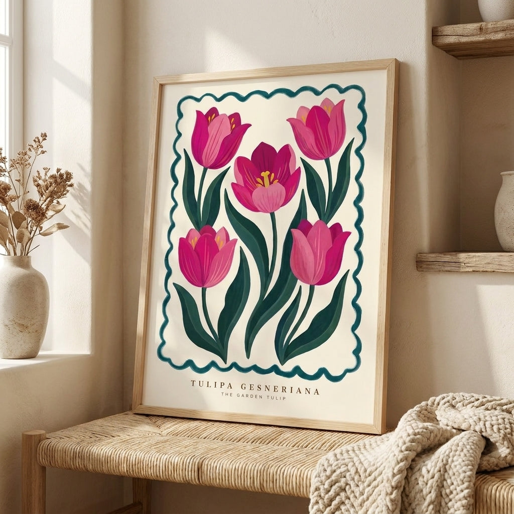Pink Tulip Wall Art, Tulipa Gesneriana Botanical Print, Framed Floral Poster, Maximalist Cottagecore Decor, Garden Flower Painting Gift