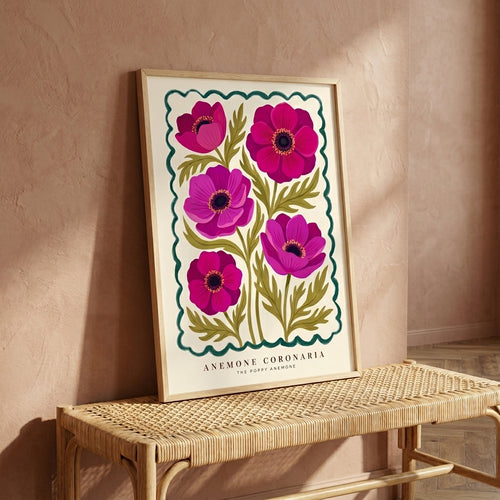 Anemone Coronaria Wall Art, Pink Poppy Anemone Botanical Print, Floral Wall Decor, Vintage Flower Market Poster, Maximalist Living Room Art
