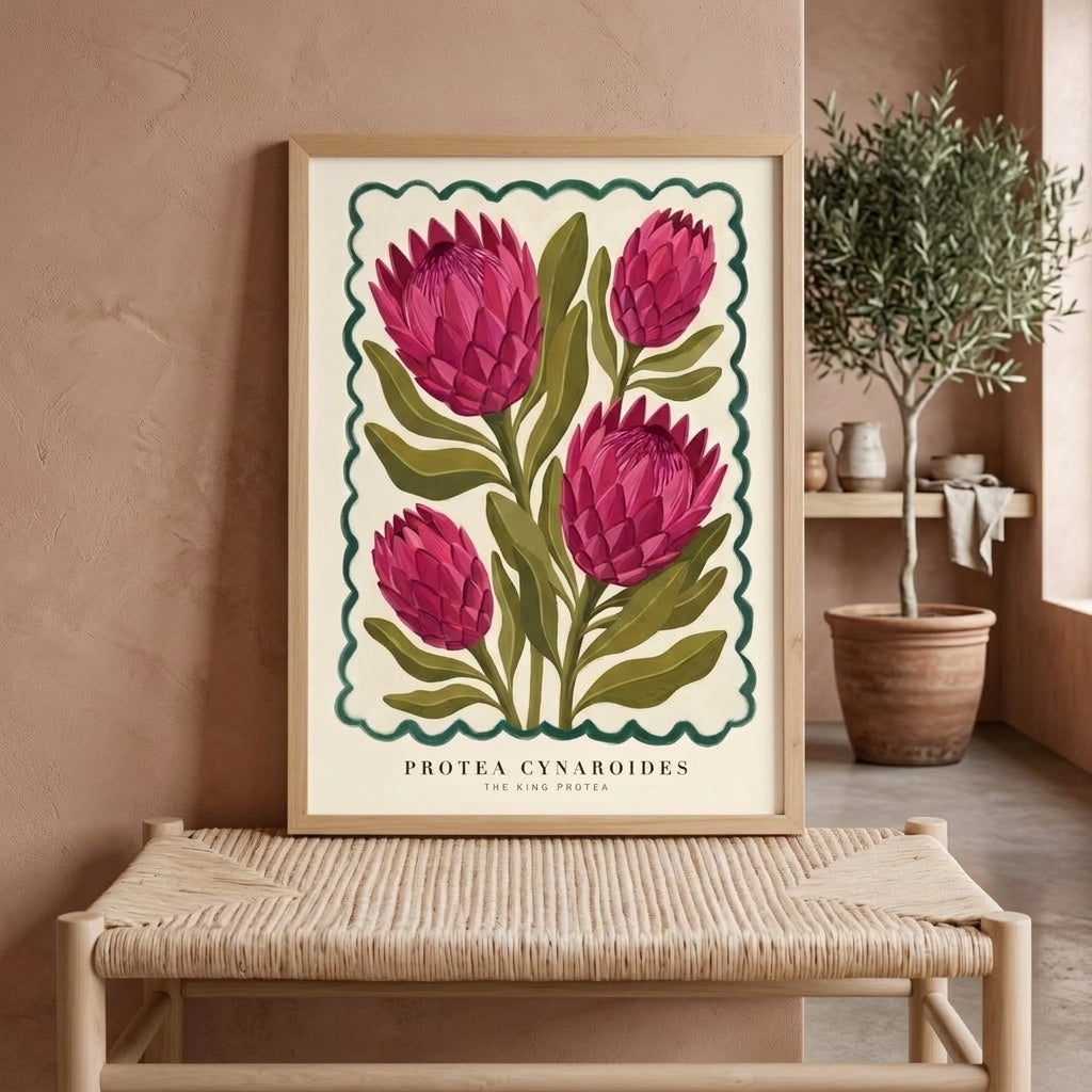 Protea Cynaroides King Protea Wall Art Print, Pink Botanical Poster, Vintage Floral Painting, Boho Cottagecore Living Room Decor