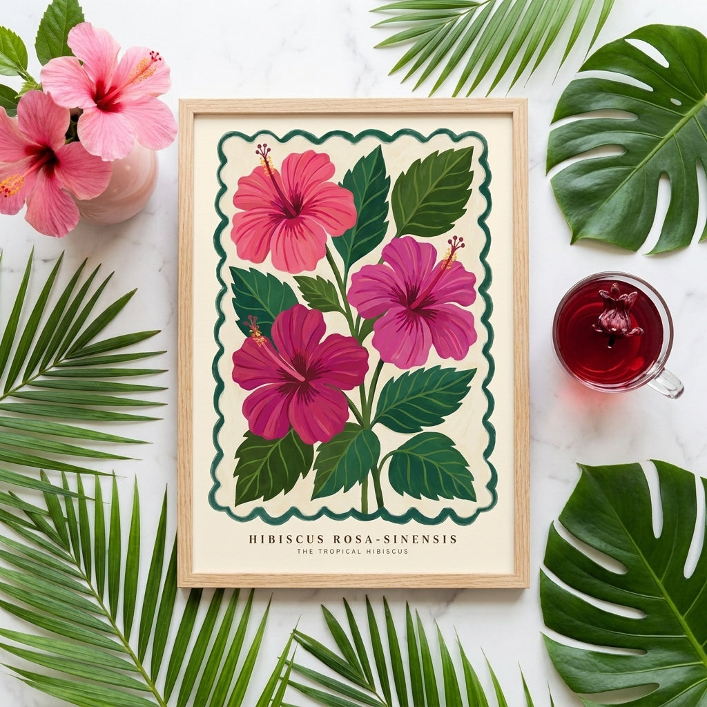 Hibiscus Rosa Sinensis Wall Art, Pink Tropical Flower Print, Botanical Poster, Boho Floral Wall Decor, Framed Hibiscus Painting Gift